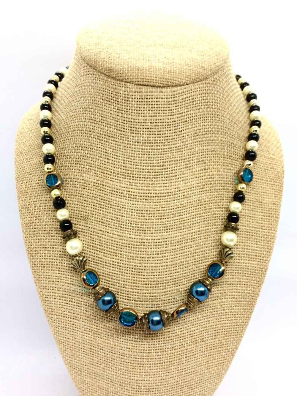 VINTAGE BEADED NECKLACE Peacock Blue Black Faux Pearl Gold Tone Statement 30"